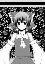 Rule 34 | 1girl, ascot, bare shoulders, blush, bow, cowboy shot, detached sleeves, expressionless, female focus, greyscale, hair bow, hakurei reimu, holding, izumi minami, looking at viewer, monochrome, ribbon-trimmed sleeves, ribbon trim, skirt, solo, touhou, vest