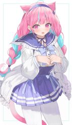 Rule 34 | 1girl, :p, absurdres, ahoge, anchor symbol, animal ear fluff, animal ears, blue hair, blue hairband, blue ribbon, blue skirt, blunt bangs, blush, braid, cat ears, cat girl, cat tail, choker, colored inner hair, commentary request, frilled sailor collar, frills, hairband, high-waist skirt, highres, hololive, jacket, long hair, long sleeves, looking at viewer, minato aqua, minato aqua (sailor), multicolored hair, open clothes, open jacket, own hands together, pantyhose, pink eyes, pink hair, pleated skirt, puffy long sleeves, puffy sleeves, ribbon, ribbon choker, sailor collar, school uniform, serafuku, skirt, solo, streaked hair, suspender skirt, suspenders, tail, tongue, tongue out, twin braids, twintails, two-tone hair, virtual youtuber, white jacket, white pantyhose, yana mori