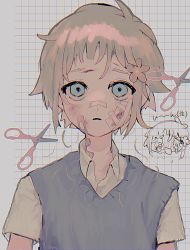 Rule 34 | 1boy, absurdres, bandaid, bandaid on cheek, bandaid on face, bandaid on neck, bandaid on nose, basil (faraway) (omori), basil (omori), blonde hair, blue eyes, blue sweater vest, bruise, bruise on face, collared shirt, commentary, cutting hair, flower, hair flower, hair ornament, highres, hinshi hp0, injury, looking at viewer, male focus, omori, parted lips, scissors, shirt, short hair, solo, sweater vest, symbol-only commentary, upper body, white shirt