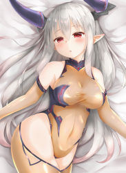 Rule 34 | 10s, 1girl, :o, bare shoulders, bed sheet, blush, borrowed character, breasts, brown thighhighs, colo mag-chan, covered navel, cowboy shot, draph, eyebrows, gradient hair, granblue fantasy, hair between eyes, horns, leotard, long hair, medium breasts, multicolored hair, noa yj, on bed, original, pointy ears, red eyes, skin tight, solo, thighhighs, very long hair