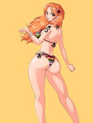 Rule 34 | 1girl, absurdres, artist request, ass, back, bare shoulders, bikini, breasts, cowboy shot, curvy, earrings, floating hair, flower, flower on head, from behind, highres, huge ass, jewelry, large breasts, long hair, nami (one piece), one piece, orange hair, shiny skin, shoulder tattoo, side-tie bikini bottom, sideboob, solo, standing, swimsuit, tattoo, thong bikini, wide hips