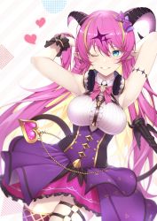 Rule 34 | 1girl, arm strap, armpits, asymmetrical horns, bare shoulders, blonde hair, blouse, bow, bowtie, breasts, chest harness, commentary, demon girl, demon horns, demon tail, frilled cuffs, garter straps, green eyes, grin, hair ornament, harness, headphones, headphones around neck, heart, highres, holding, holding with tail, hololive, horn bow, horn ornament, horns, long hair, looking at viewer, mano aloe, microphone, multicolored hair, one eye closed, pink bow, pink bowtie, pink hair, pointy ears, prehensile tail, scal2let, shirt, skirt, sleeveless, sleeveless shirt, smile, solo, tail, thigh strap, thighhighs, two-tone hair, uneven horns, virtual youtuber, white shirt, wrist cuffs