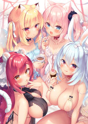 Rule 34 | 4girls, :q, animal ears, babydoll, bare shoulders, blonde hair, blush, boku no risou no isekai seikatsu, breasts, chise (ichiri), cleavage, collarbone, commentary request, covered erect nipples, cup, cupcake, finger to mouth, food, hair between eyes, hair ribbon, holding, holding cup, large breasts, looking at viewer, misia (ichiri), mug, multiple girls, natielis, open mouth, pink hair, rabbit ears, rabimea (ichiri), red eyes, red hair, ribbon, sazaki ichiri, sideboob, small breasts, smile, tail, tiger ears, tiger tail, tongue, tongue out, twintails, white ribbon, yellow eyes
