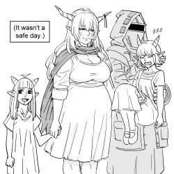Rule 34 | 1boy, 3girls, absurdres, arknights, bb (baalbuddy), doctor (arknights), english text, greyscale, helmet, highres, hood, hooded coat, horns, monochrome, multiple girls, pointy ears, pregnant, shining (arknights), simple background, sleeping, white background