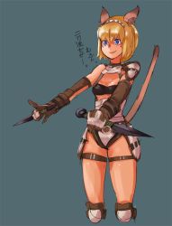 Rule 34 | 00s, 1girl, animal ears, armor, bad id, bad pixiv id, blonde hair, blue eyes, cat ears, cat girl, cat tail, cropped legs, dagger, dual wielding, final fantasy, final fantasy xi, gloves, holding, knee pads, knife, kunai, mithra (ff11), nosuku, short hair, sketch, solo, tail, weapon