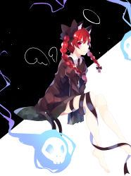 Rule 34 | 1girl, absurdres, animal ear fluff, animal ears, barefoot, black background, black ribbon, braid, cat ears, cat tail, detached wings, dress, floating, grey dress, halo, highres, hitodama, juliet sleeves, kaenbyou rin, leg ribbon, long hair, long sleeves, looking at viewer, multiple tails, nekomata, one-hour drawing challenge, pointy ears, profile, puffy sleeves, red eyes, red hair, ribbon, shinketsu kanyu, sideways glance, simple background, skull, solo, tail, touhou, twin braids, twintails, two-tone background, two tails, white background, wings