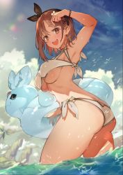 Rule 34 | 1girl, armpits, arms up, ass, atelier (series), atelier ryza, atelier ryza 1, bikini, bird, braid, breasts, brown eyes, brown hair, earrings, flare, floating, floating object, flower, hair flower, hair ornament, hair ribbon, hand on own face, highres, in water, jewelry, large breasts, lens flare, looking at viewer, looking back, official art, open mouth, pale skin, reisalin stout, ribbon, seagull, sky, sunlight, swimsuit, thick thighs, thighs, toridamono, underboob, wading, water
