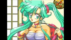 Rule 34 | 1girl, animated, sound, green eyes, green hair, video, pc engine, sarashi, tagme, thong, undressing, wink