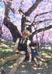 Rule 34 | 2boys, amuro tooru, arms at sides, black-framed eyewear, black neckwear, black vest, blazer, blonde hair, blue jacket, bow, bowtie, brown hair, brown pants, cherry blossoms, child, closed eyes, collared shirt, commentary request, dappled sunlight, day, edogawa conan, falling petals, feet out of frame, flower, glasses, gloves, grass, grey shorts, hair between eyes, jacket, k (gear labo), leaning on person, long sleeves, male focus, meitantei conan, multiple boys, necktie, outdoors, pants, petals, pink flower, red bow, red neckwear, shirt, shoes, short hair, shorts, side-by-side, sitting, sleeping, sleeping on person, sleeping upright, sleeves rolled up, sneakers, socks, spring (season), sunlight, tree, vest, white gloves, white legwear, white shirt