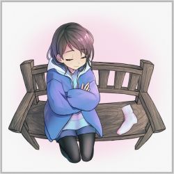 Rule 34 | 77777054, androgynous, bench, black hair, black pantyhose, blue jacket, blue shorts, border, borrowed clothes, closed mouth, crossed arms, drawstring, eyebrows, eyelashes, fisheye, frisk (undertale), from above, gender request, grey border, hood, hood down, hooded jacket, jacket, long sleeves, open clothes, open jacket, pantyhose, short hair, shorts, sitting, smile, unworn socks, solo, swept bangs, undertale, v-neck