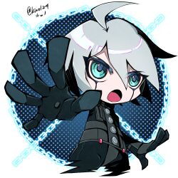 Rule 34 | 1boy, ahoge, android, armor, blue eyes, chain, chibi, danganronpa (series), danganronpa v3: killing harmony, facial mark, hair between eyes, k1-b0, kino124, male focus, open mouth, outstretched arm, power armor, round image, short hair, twitter username, white background