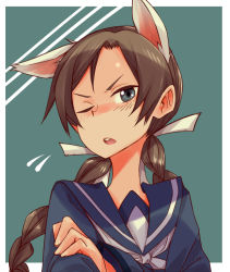Rule 34 | 10s, 1girl, animal ears, bad id, bad pixiv id, blue eyes, blush, braid, brave witches, brown hair, cat ears, crossed arms, freckles, frown, hair ribbon, long hair, looking at viewer, misumi mia, misumi miya, one eye closed, open mouth, ribbon, school uniform, serafuku, simple background, smug, solo, strike witches, suo (sndrta2n), tsundere, twin braids, twintails, upper body, world witches series