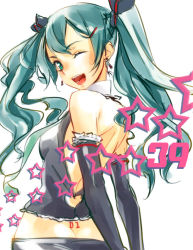Rule 34 | 1girl, 39, aqua eyes, aqua hair, arms behind back, back, butt crack, earrings, elbow gloves, gloves, hair ornament, hairclip, hatsune miku, jewelry, looking back, midriff, one eye closed, open mouth, sasetsu, simple background, solo, star (symbol), twintails, vocaloid, white background, wink