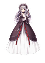 Rule 34 | 1girl, atelier (series), bell, dress, female focus, full body, gown, grey hair, hat, long hair, long sleeves, mole, nippon ichi, official art, open mouth, pamela ibiss, petticoat, red eyes, simple background, solo, trinity universe, tsunako, umbrella, white background, white dress