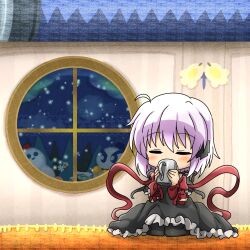 Rule 34 | 1girl, = =, ahoge, arm ribbon, black dress, black pantyhose, chibi, chilly (kirby), closed eyes, commentary request, cross hair ornament, crossover, cup, dress, frilled dress, frills, grey hair, hair between eyes, hair ornament, hands up, highres, holding, holding cup, indoors, kagari (rewrite), kirby&#039;s return to dream land, kirby (series), long ribbon, marihei64ds, nintendo, pantyhose, puffy short sleeves, puffy sleeves, red ribbon, rewrite, ribbon, short hair, short sleeves, sitting, solo, wariza, wrist bow