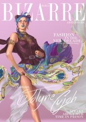 Rule 34 | 1girl, armlet, black jacket, blue hair, clothes lift, commentary, cover, double bun, earrings, english commentary, english text, eyyobrar, fashion, highres, jacket, jewelry, jojo no kimyou na bouken, kuujou jolyne, looking at viewer, magazine cover, multicolored hair, off shoulder, pink background, simple background, skirt, skirt lift, solo, stone ocean, two-tone hair