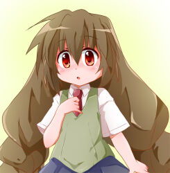 Rule 34 | 1girl, blush, brown hair, collared shirt, hair between eyes, long hair, looking at viewer, nanase yae, necktie, open mouth, red eyes, red necktie, school uniform, shirt, shishinon, short sleeves, simple background, skirt, solo, torikoro, twintails, very long hair, white shirt