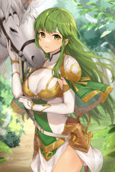 Rule 34 | 1girl, armor, breastplate, breasts, collared dress, cowboy shot, dress, elbow gloves, expressionless, fire emblem, fire emblem: mystery of the emblem, fire emblem echoes: shadows of valentia, gloves, green eyes, green hair, haru (nakajou-28), headband, highres, horse, large breasts, long hair, looking at viewer, nintendo, official alternate costume, outdoors, palla (fire emblem), pegasus knight uniform (fire emblem), pelvic curtain, road, sheath, shoulder armor, side slit, skin tight, solo, very long hair, white dress, white gloves, white headband