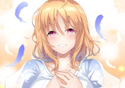 Rule 34 | 1girl, absurdres, ahoge, birthday, blue feathers, blush, breasts, collarbone, commentary request, feathers, hair down, hand over heart, hands on own chest, highres, looking at viewer, love live!, love live! sunshine!!, medium breasts, medium hair, orange hair, oshiruko kizoku, red eyes, sidelocks, smile, solo, takami chika, upper body, white feathers