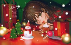 Rule 34 | 1girl, ball, brown eyes, brown hair, cake, candy, christmas, copyright name, dekooop, earrings, eyeshadow, fingernails, food, gift, green background, head on arm, highres, jewelry, light blush, lips, lipstick, lollipop, long hair, looking at viewer, makeup, mole, mole under eye, nail polish, open mouth, original, plate, red nails, ring, signature, simple background, snowman, sweater, table, tree