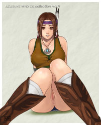 Rule 34 | 1girl, arm support, armband, ass, azasuke, bare shoulders, boots, braid, brown eyes, brown hair, censored, cowboy boots, earrings, feathers, feather hair ornament, headband, highres, jewelry, julia chang, leaning back, looking at viewer, native american, necklace, no panties, pov, pussy, sitting, solo, tank top, tekken, twin braids