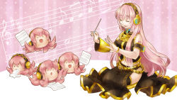 Rule 34 | &gt; &lt;, 1girl, armband, bass clef, conductor baton, beamed quavers, conductor, eating, closed eyes, hako (piapro), headphones, highres, long hair, megurine luka, music, musical note, open mouth, pink hair, quaver, seiza, sharp sign, sheet music, sitting, skirt, smile, takoluka, thighhighs, treble clef, vocaloid, wallpaper