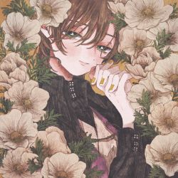 Rule 34 | 1girl, black shirt, blush, brown hair, flower, green eyes, hair between eyes, highres, leaf, long sleeves, looking at viewer, momo walnut, nail polish, original, own hands together, plant, shadow, shirt, short hair, solo, white flower, yellow background, yellow nails