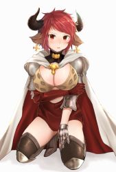 Rule 34 | 10s, 1girl, animal ears, animal print, armor, breasts, cleavage, cow ears, cow horns, cross, draph, earrings, female focus, granblue fantasy, horns, jewelry, large breasts, leopard print, moshoko (mizuneroku), red eyes, red hair, short hair, solo, sturm (granblue fantasy), white background