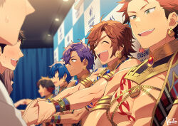 1girl 6+boys black_hair blue_hair blush brown_hair chain closed_eyes curtains earrings ensemble_stars! green_eyes handshake jewelry kiri_futoshi kiryu_kuro male_focus meeting mikejima_madara multiple_boys nagumo_tetora open_mouth otogari_adonis pectorals purple_hair red_hair sazanami_jun short_hair smile