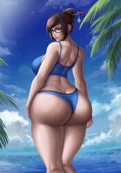 Rule 34 | 1girl, absurdres, ass, back, beach, breasts, brown eyes, brown hair, butt crack, cleavage, curvy, day, female focus, flowerxl, from behind, glasses, highres, huge ass, large breasts, looking at viewer, looking back, mei (overwatch), ocean, overwatch, palm tree, solo, standing, thighs, tree, wide hips