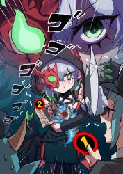 Rule 34 | 2girls, :t, absurdres, beat cop from the underworld, breasts, c civciv, cleavage, commentary request, detached sleeves, diabellstar the black witch, dress, duel monster, gloves, green eyes, green hair, grey hair, half mask, hat, highres, holding, holding knife, hood, hood up, knife, large breasts, mask, medium hair, multicolored hair, multiple girls, open mouth, pointing weapon, police, pout, red eyes, red mask, short hair, single detached sleeve, single glove, single sleeve, snake-eye ash, tears, trembling, wanted: seeker of sinful spoils, yu-gi-oh!, yu-gi-oh! master duel