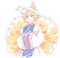 Rule 34 | 1girl, blonde hair, fox tail, hands in opposite sleeves, hat, hikimayu, looking at viewer, mitsumoto jouji, multiple tails, short hair, simple background, smile, solo, tail, touhou, white background, yakumo ran, yellow eyes
