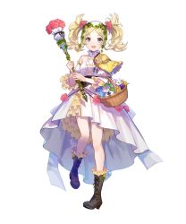 Rule 34 | 1girl, bare shoulders, blonde hair, blue eyes, boots, cross-laced footwear, dress, fire emblem, fire emblem awakening, fire emblem heroes, frilled dress, frills, full body, highres, holding, knee boots, lace-up boots, layered dress, layered skirt, lissa (fire emblem), lissa (valentine) (fire emblem), long hair, nintendo, non-web source, official art, skirt, solo, staff, transparent background, twintails