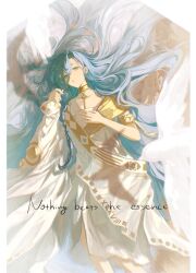 Rule 34 | 1girl, 37 (reverse:1999), ancient greek clothes, armlet, bird, blue eyes, blue hair, english text, feet out of frame, from above, gold choker, greco-roman clothes, hair between eyes, hair spread out, hands up, highres, long hair, looking at viewer, lying, no aid, on back, parted lips, reverse:1999, shadow, single sleeve, solo, toga, very long hair, white bird, wide sleeves