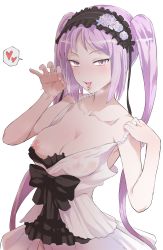 Rule 34 | 1girl, absurdres, blush, breasts, covered erect nipples, dress, drooling, euryale (fate), euryale (third ascension) (fate), fate/hollow ataraxia, fate (series), fellatio gesture, hairband, handjob gesture, heart, highres, lolita hairband, looking at viewer, medium breasts, naughty face, nipple slip, nipples, no bra, presenting, purple hair, seductive smile, see-through, sexually suggestive, shiny skin, smile, solo, strap slip, strapless, strapless dress, terasu mc, tongue, tongue out, twintails, white background, white dress