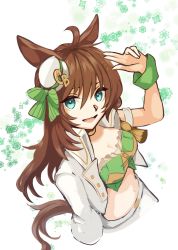 Rule 34 | 1girl, :d, ahoge, animal ears, ao (jiyou), arm strap, arm up, blouse, blue eyes, bow, brown hair, choker, commentary request, crop top, cropped torso, green bow, green shirt, hat, hat bow, highres, horse ears, jacket, long hair, looking at viewer, midriff, mini hat, mr. c.b. (umamusume), navel, open clothes, open jacket, open mouth, partial commentary, shirt, single sleeve, smile, solo, stomach, strapless, strapless shirt, umamusume, upper body, white hat, white jacket, wrist cuffs