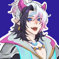 Rule 34 | 1boy, :p, aphelios, black hair, crescent, crescent necklace, earrings, fangs, hair between eyes, highres, horns, jewelry, league of legends, male focus, mie (miemiemiao233), necklace, outline, piercing, pink horns, pointy ears, purple background, simple background, smile, solo, spirit blossom aphelios, teeth, tongue, tongue out, tongue piercing, white hair, white outline