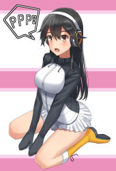 Rule 34 | 10s, 1girl, bad id, bad pixiv id, black hair, breasts, brown eyes, commentary request, cosplay, gentoo penguin (kemono friends), gentoo penguin (kemono friends) (cosplay), group name, hair between eyes, haruna (kancolle), headphones, highres, jacket, kantai collection, kemono friends, long hair, long sleeves, looking at viewer, medium breasts, miniskirt, open mouth, osananajimi neko, pleated skirt, sitting, skirt, smile, solo, speech bubble, thighs, track jacket, wariza, white skirt