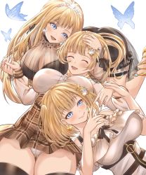 Rule 34 | 1girl, absurdres, bare shoulders, blonde hair, blue eyes, blush, breast press, breasts, bug, butterfly, cleavage, closed mouth, earrings, hair ornament, heart, heart earrings, highres, hololive, hololive english, honkivampy, insect, jewelry, large breasts, long hair, mole, mole on breast, multiple persona, nail polish, official alternate costume, panties, pantyshot, see-through, short hair, side ponytail, simple background, smile, sparkle, tiara, underwear, upskirt, virtual youtuber, watson amelia, white background, x hair ornament, yellow nails