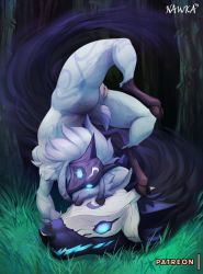 Rule 34 | 1girl, animal ears, artist name, backboob, blue eyes, body fur, breasts, furry, furry female, glowing, glowing eyes, grass, handstand, highres, hooves, kindred (league of legends), lamb (league of legends), league of legends, long hair, mask, medium breasts, nawka (nawkaarts), open mouth, outdoors, pussy, sharp teeth, sheep ears, sheep girl, sheep tail, tail, teeth, tree, white hair, wolf (league of legends)