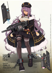 Rule 34 | 1girl, absurdres, ammunition, armsel protecta, armsel protecta (girls frontline), armsel striker, beret, black gloves, black pantyhose, breasts, chain, cleavage, cleavage cutout, clothing cutout, coat, combat shotgun, concept art, copyright name, cuffs, drone, fur trim, girls&#039; frontline, gloves, gun, hair over one eye, hat, highres, holding, holding gun, holding weapon, long hair, looking at viewer, original, pantyhose, purple hair, revolver shotgun, riot shotgun, semi-automatic firearm, semi-automatic shotgun, shackles, shotgun, shotgun shell, skirt, slm, smile, solo, weapon, yellow eyes