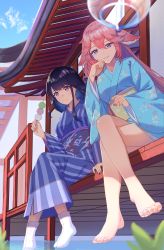 Rule 34 | 2girls, absurdres, alternate costume, animal ears, bare legs, barefoot, blue kimono, breasts, bright pupils, closed mouth, crossed legs, dango, day, dipping, eating, floppy ears, food, fox ears, full body, genshin impact, hair between eyes, hair down, hand to own mouth, highres, holding, holding food, japanese clothes, kimono, lan qiandai, leaning forward, long hair, looking at viewer, medium breasts, multiple girls, nail polish, no earrings, no hair ornament, obi, outdoors, parted lips, pink hair, purple eyes, purple hair, purple nails, raiden shogun, ripples, sanshoku dango, sash, short kimono, shrine, sitting, skewer, smile, striped clothes, striped kimono, tabi, toes, vertical stripes, very long hair, wagashi, white footwear, wide sleeves, yae miko, yukata