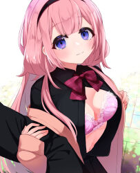 Rule 34 | 1boy, 1girl, absurdres, black shirt, blue eyes, blush, bow, bra, breasts, festa11307070, highres, long hair, looking at viewer, low twintails, medium breasts, navel, nijisanji, open clothes, open shirt, paid reward available, pink bra, pink hair, school uniform, shirt, smile, smug, suo sango, twintails, underwear, virtual youtuber