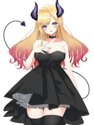 Rule 34 | 1girl, :p, absurdres, bare arms, black choker, black dress, black thighhighs, blonde hair, blue eyes, blush, breasts, choker, cleavage, cowboy shot, demon horns, demon tail, dreamoon, dress, gradient hair, highres, hololive, horns, large breasts, looking at viewer, multicolored hair, pointy ears, red hair, simple background, solo, standing, strapless, strapless dress, tail, tail raised, thighhighs, tongue, tongue out, virtual youtuber, white background, yuzuki choco