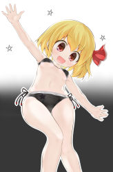 Rule 34 | 1girl, :d, blonde hair, blush, breasts, cowboy shot, fang, gplnbeat, gradient background, hair ribbon, highres, legs, looking at viewer, navel, open mouth, outstretched arms, pink eyes, red eyes, ribbon, rumia, short hair, small breasts, smile, solo, star (symbol), swimsuit, touhou, underboob