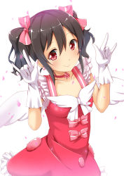 Rule 34 | 10s, 1girl, \m/, black hair, blush, bow, choker, double \m/, dress, gloves, hair bow, hair ribbon, looking at viewer, love live!, love live! school idol festival, love live! school idol project, nico nico nii, ok-ray, petals, red dress, red eyes, ribbon, smile, solo, twintails, white gloves, wings, yazawa nico