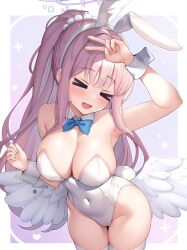 Rule 34 | &gt;o&lt;, 1girl, animal ears, arm up, armpits, bare shoulders, blue archive, blue bow, blue bowtie, blush, bow, bowtie, breasts, closed eyes, commentary, covered navel, cowboy shot, detached collar, fake animal ears, feathered wings, gradient background, high ponytail, highleg, highleg leotard, highres, large breasts, leaning to the side, leotard, long hair, low wings, mika (blue archive), myuu (arisumeria), open mouth, pink hair, playboy bunny, purple background, rabbit tail, smile, solo, strapless, strapless leotard, tail, thighhighs, thighs, v, very long hair, white wings, wings, wrist cuffs