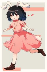 Rule 34 | 1girl, alternate eye color, animal ears, ar (maeus), black hair, blouse, blush, brown eyes, brown footwear, carrot necklace, commentary request, floppy ears, frilled shirt, frilled sleeves, frills, full body, hair between eyes, inaba tewi, jewelry, looking at viewer, necklace, open mouth, pink shirt, pink skirt, rabbit ears, rabbit girl, rabbit tail, running, shirt, shoes, short hair, skirt, smile, solo, tail, touhou, wavy hair