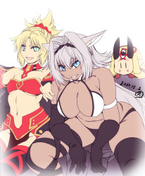 Rule 34 | 3girls, animal ears, bandeau, blonde hair, blue eyes, breasts, caenis (fate), chibi, cleavage, commentary request, dark-skinned female, dark skin, dated, facial mark, fate/grand order, fate (series), forehead mark, gloves, green eyes, hair ornament, hair scrunchie, hairband, hand on shoulder, highres, hisahiko, horns, ibaraki douji (fate), japanese clothes, kimono, large breasts, long hair, long sleeves, looking at viewer, mordred (fate), mordred (fate/apocrypha), multiple girls, navel, oni horns, open mouth, pink hair, pointy ears, ponytail, scrunchie, short hair, small breasts, smile, thighhighs, wide sleeves, yellow kimono