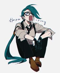 Rule 34 | 1girl, ahoge, androgynous, aqua hair, arm rest, black-framed eyewear, black gloves, black necktie, black pants, brown footwear, closed eyes, collared shirt, commentary request, creatures (company), ear piercing, earrings, elbows on knees, facing viewer, full body, game freak, glasses, gloves, grey shirt, hair over one eye, highres, jewelry, knees up, korean commentary, korean text, long hair, low ponytail, necktie, nintendo, open mouth, pants, piercing, pokemon, pokemon sv, ponytail, reverse trap, rika (pokemon), rnralstidsus2, shirt, shoes, simple background, sitting, solo, suspenders, swept bangs, tearing up, translation request, white background, yawning
